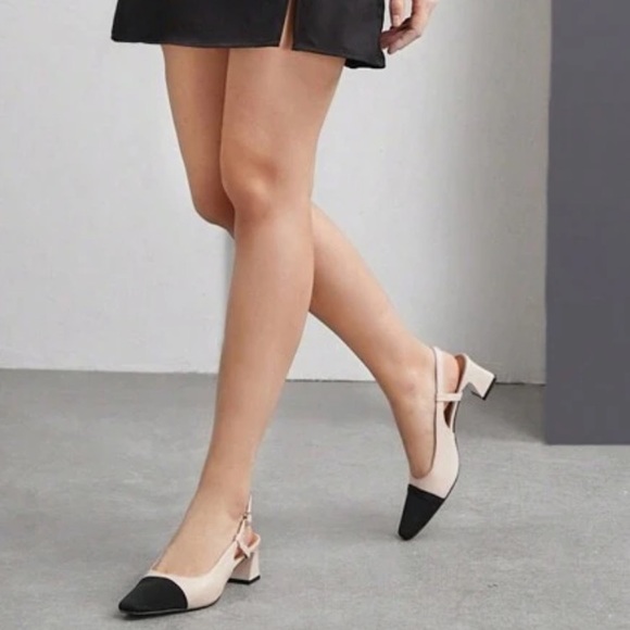Beige and Black Two-Tone Square-Toe Block Heel Pumps Minimalist Chic - Picture 4 of 4